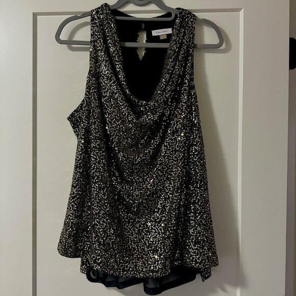 Calvin Klein Gold Sequin Drape Cowl Neck Sleeveless Top Plus Size 1X - Picture 3 of 8